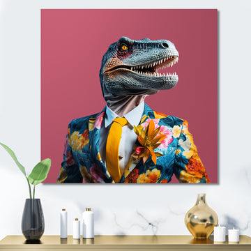 Yellow and pink Fashion first dressed Dinosaur - Dinosaur Large Canvas Wall Art